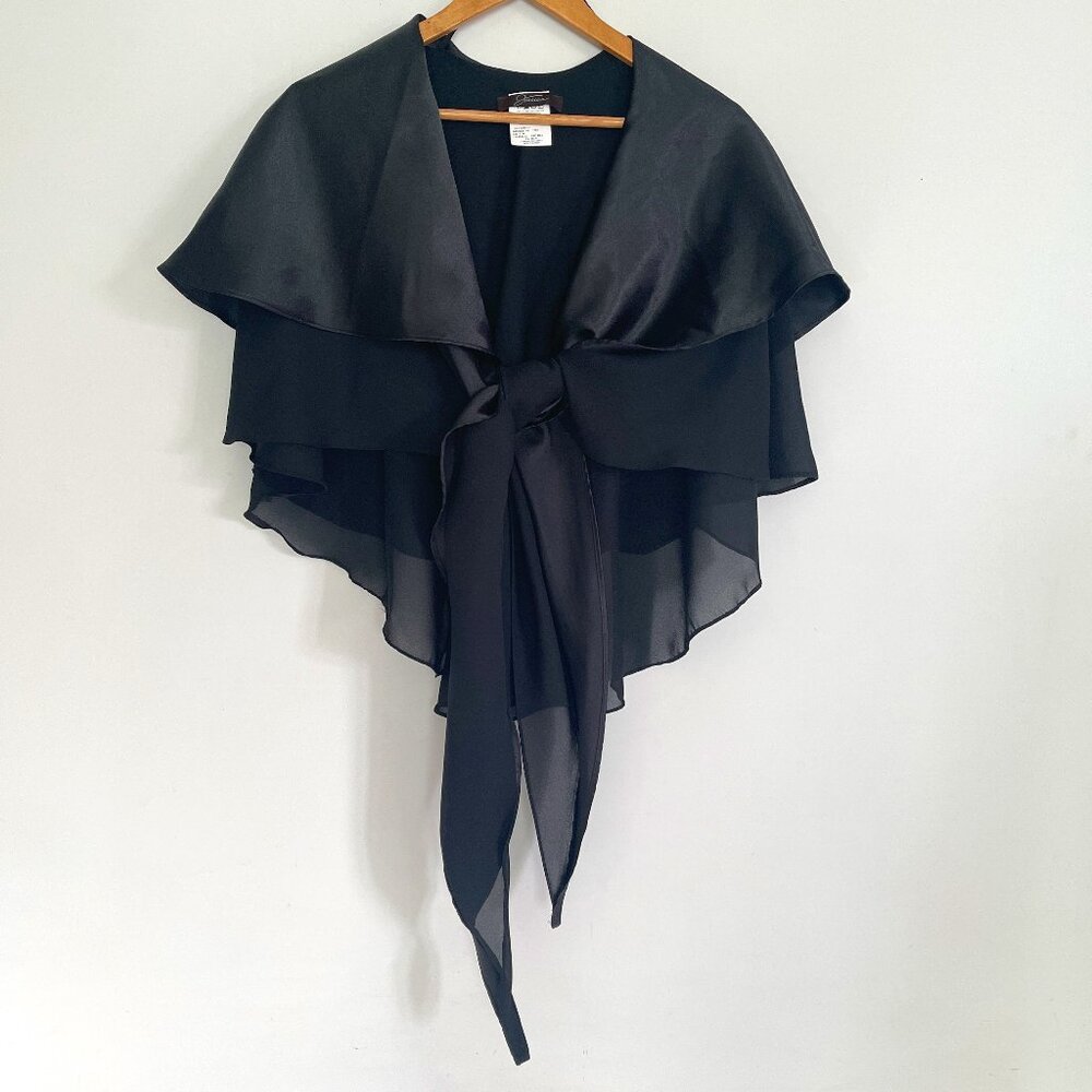 Jessica One Size Black Satin Top Ruffled Tie Front Capelet